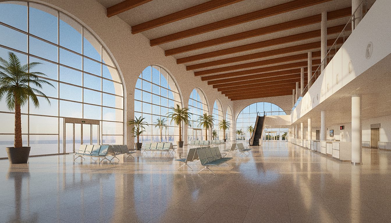 Interior luminoso de una terminal de aeropuerto mediterráneo, sin personas