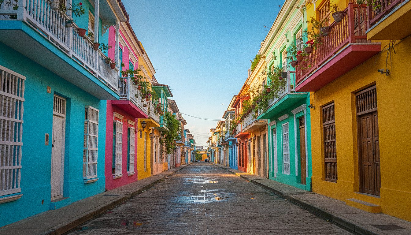 Balcones y fachadas coloridas de una calle del Barrio Abajo en Barranquilla