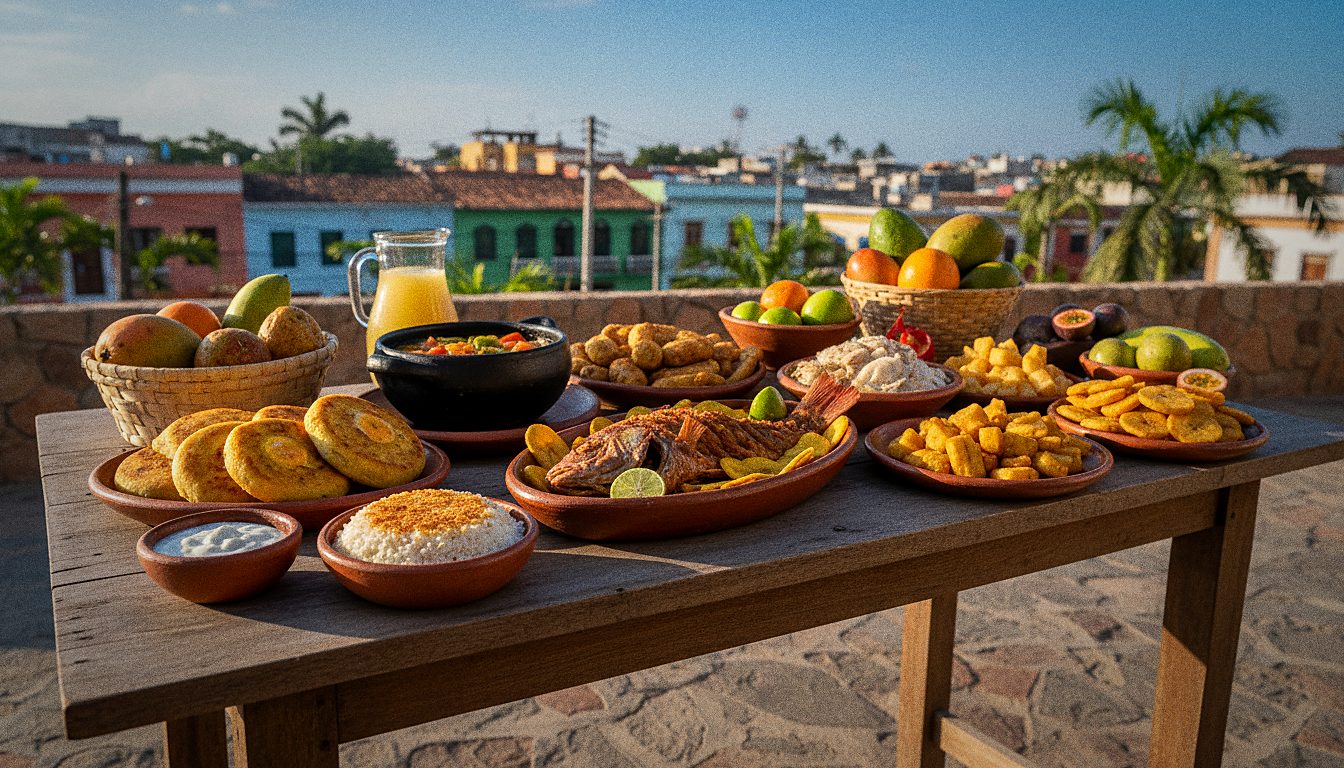 Mesa con platos típicos de la costa caribeña colombiana servidos en fuentes de barro