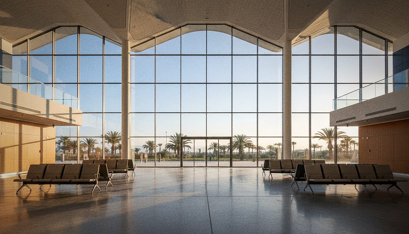 Interior luminoso de una terminal de aeropuerto griego, sin personas