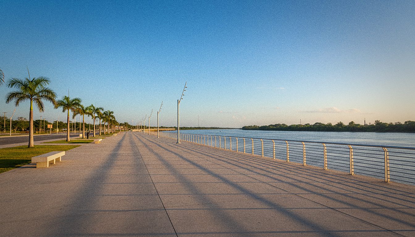 Malecón de Barranquilla junto al río Magdalena al atardecer, sin personas