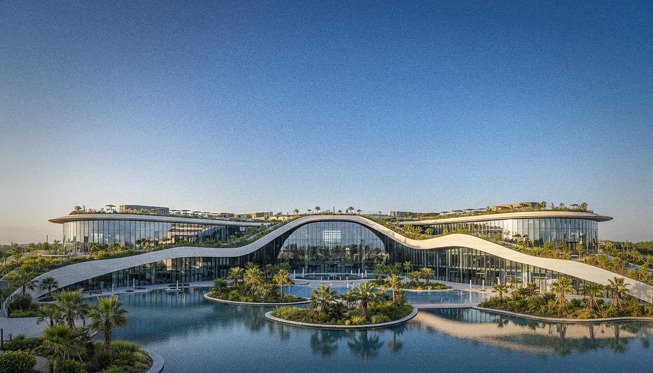 Fachada moderna de un gran complejo de termas cerca de Bucarest bajo cielo despejado