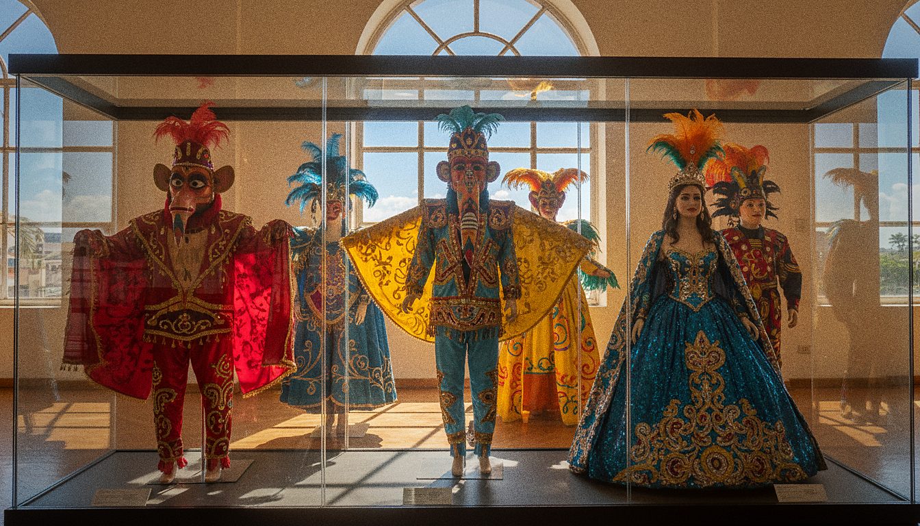 Trajes coloridos de carnaval expuestos en una vitrina de museo, sin personas