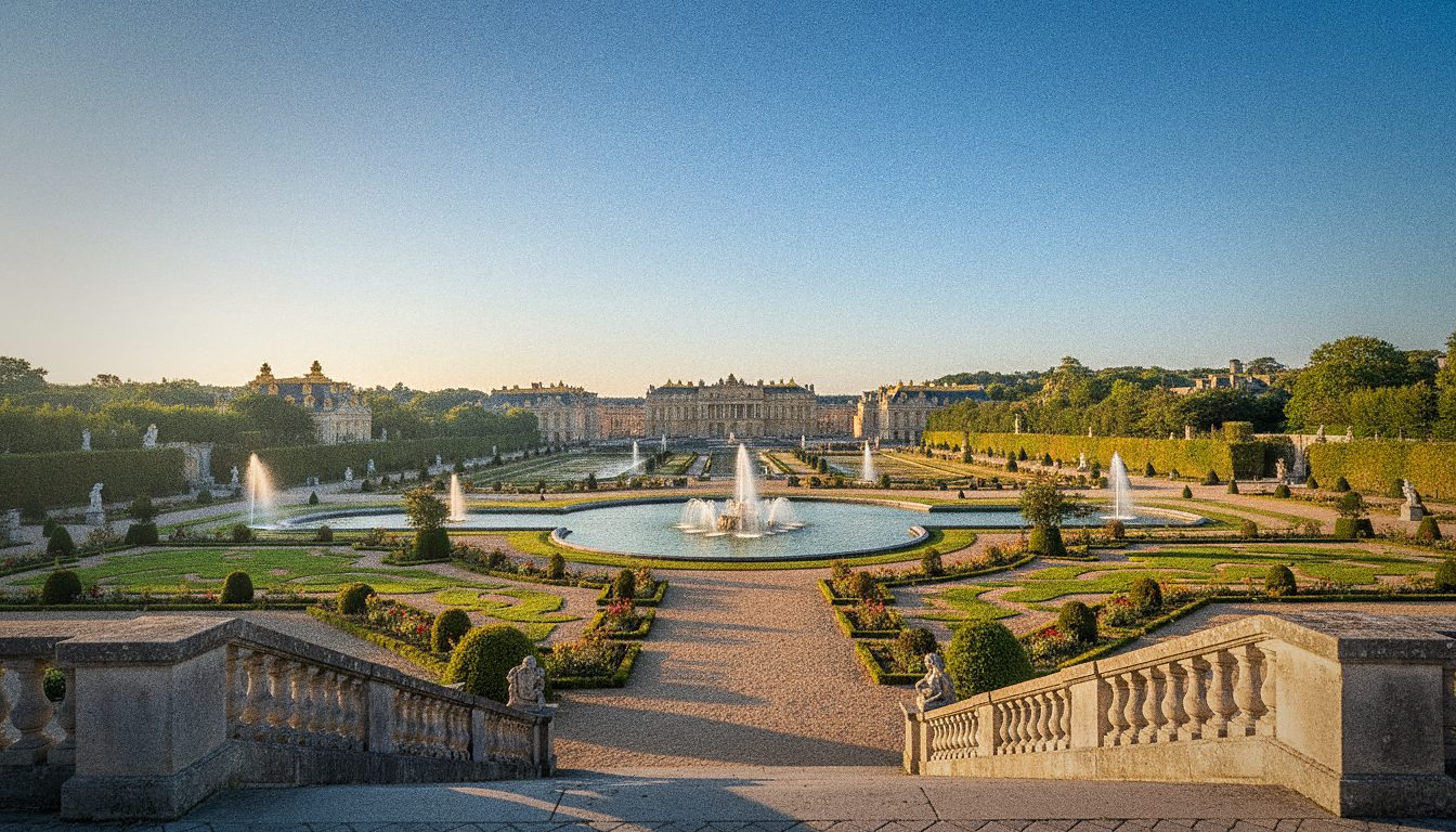 Jardines formales y fuentes del Palacio de Versalles vistos desde una terraza
