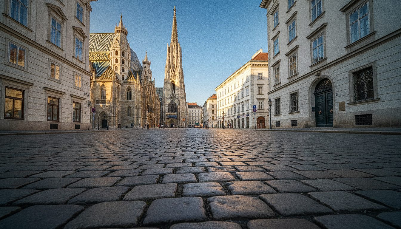 Calle empedrada del centro histórico de Viena con la torre de la catedral al fondo